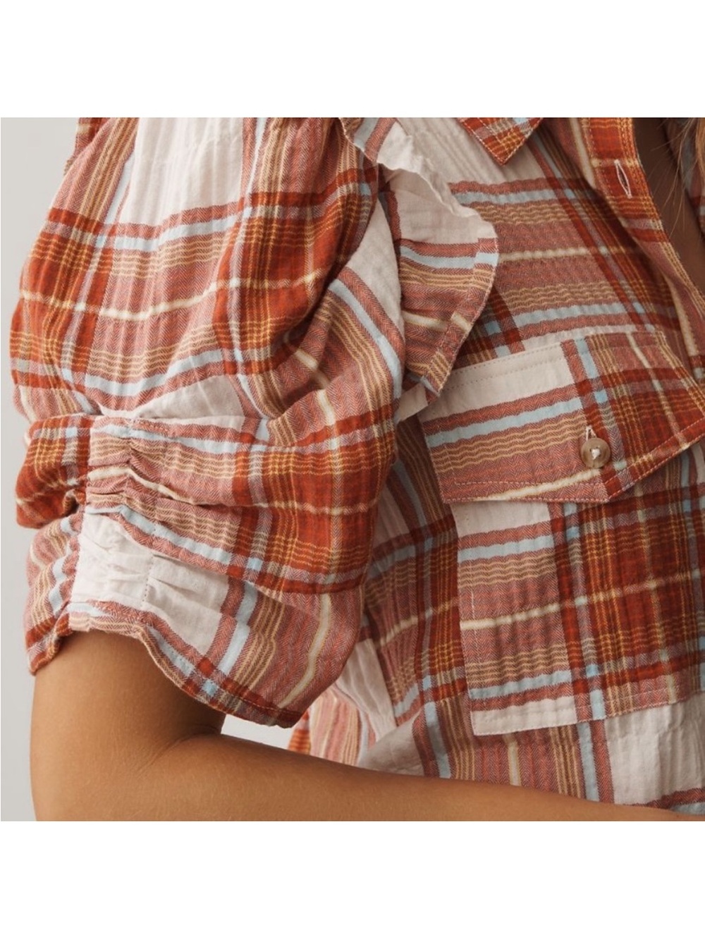Anthropologie Rust and White Plaid Ruffle-Sleeve Button Down - Picture 3 of 8